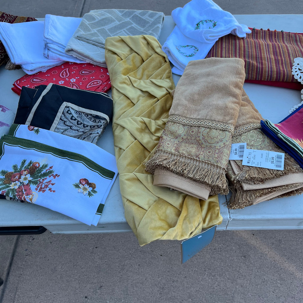D714 Groupings of linens and flags and more (tables not included)