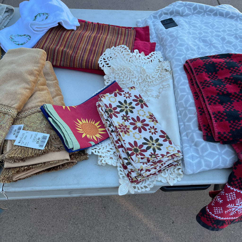 D714 Groupings of linens and flags and more (tables not included)