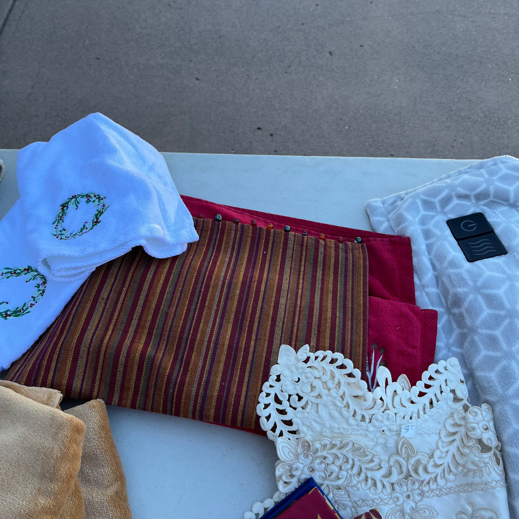 D714 Groupings of linens and flags and more (tables not included)