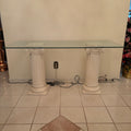 F203 Vintage glass top entry table with column style chalkware legs