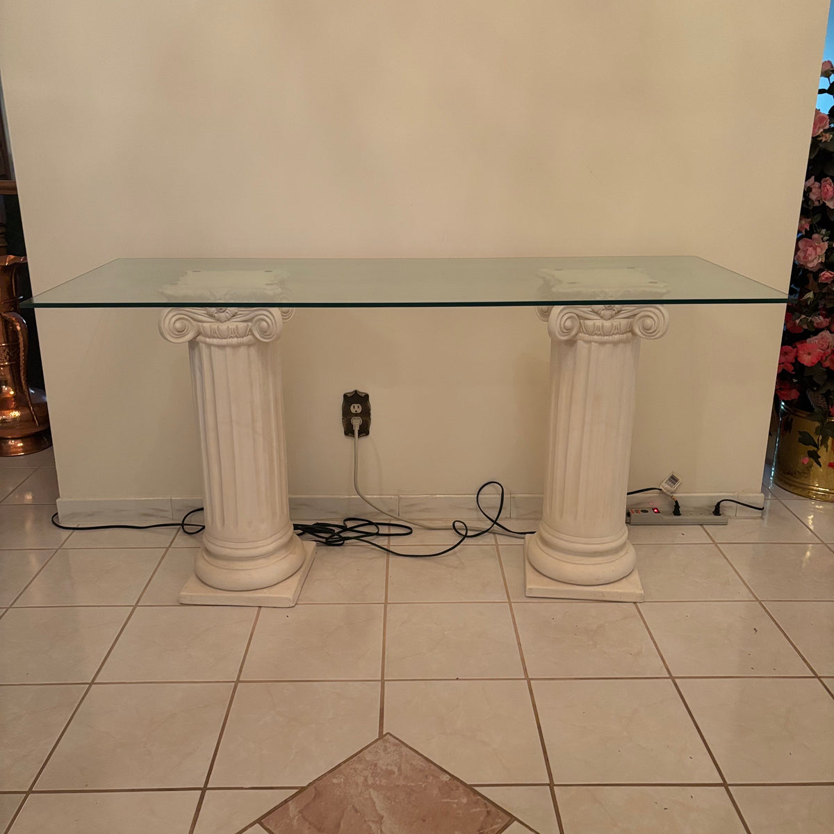 F203 Vintage glass top entry table with column style chalkware legs