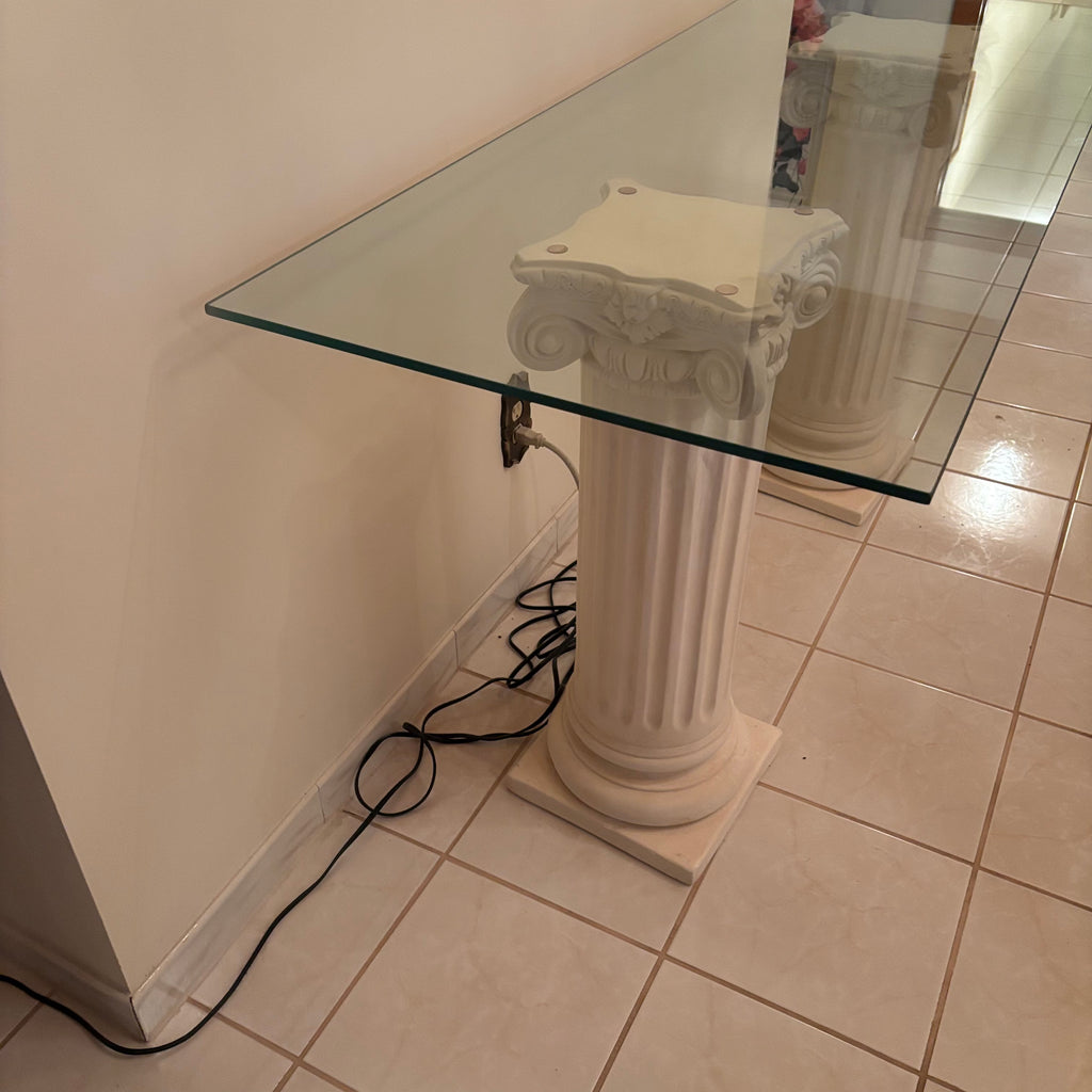 F203 Vintage glass top entry table with column style chalkware legs