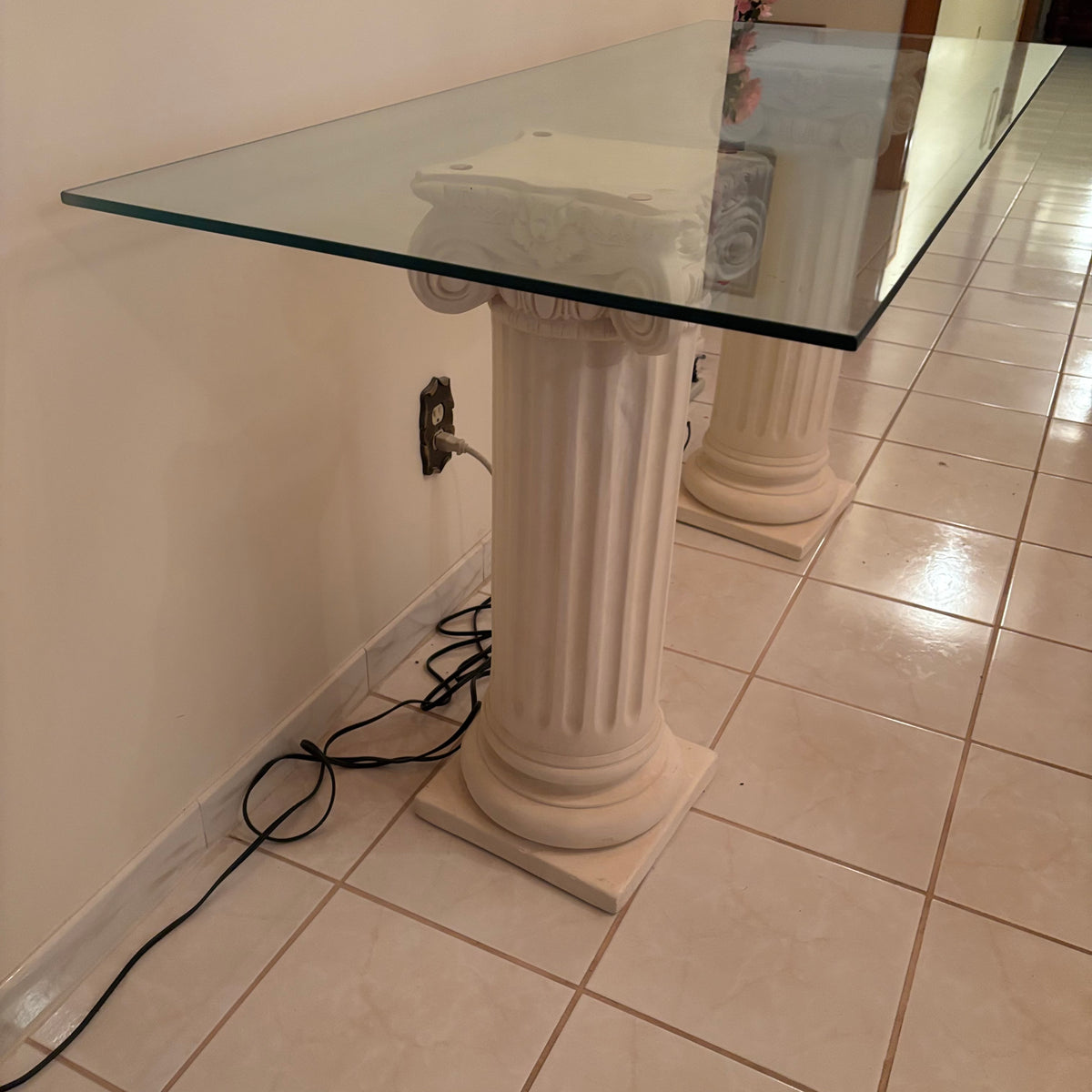 F203 Vintage glass top entry table with column style chalkware legs