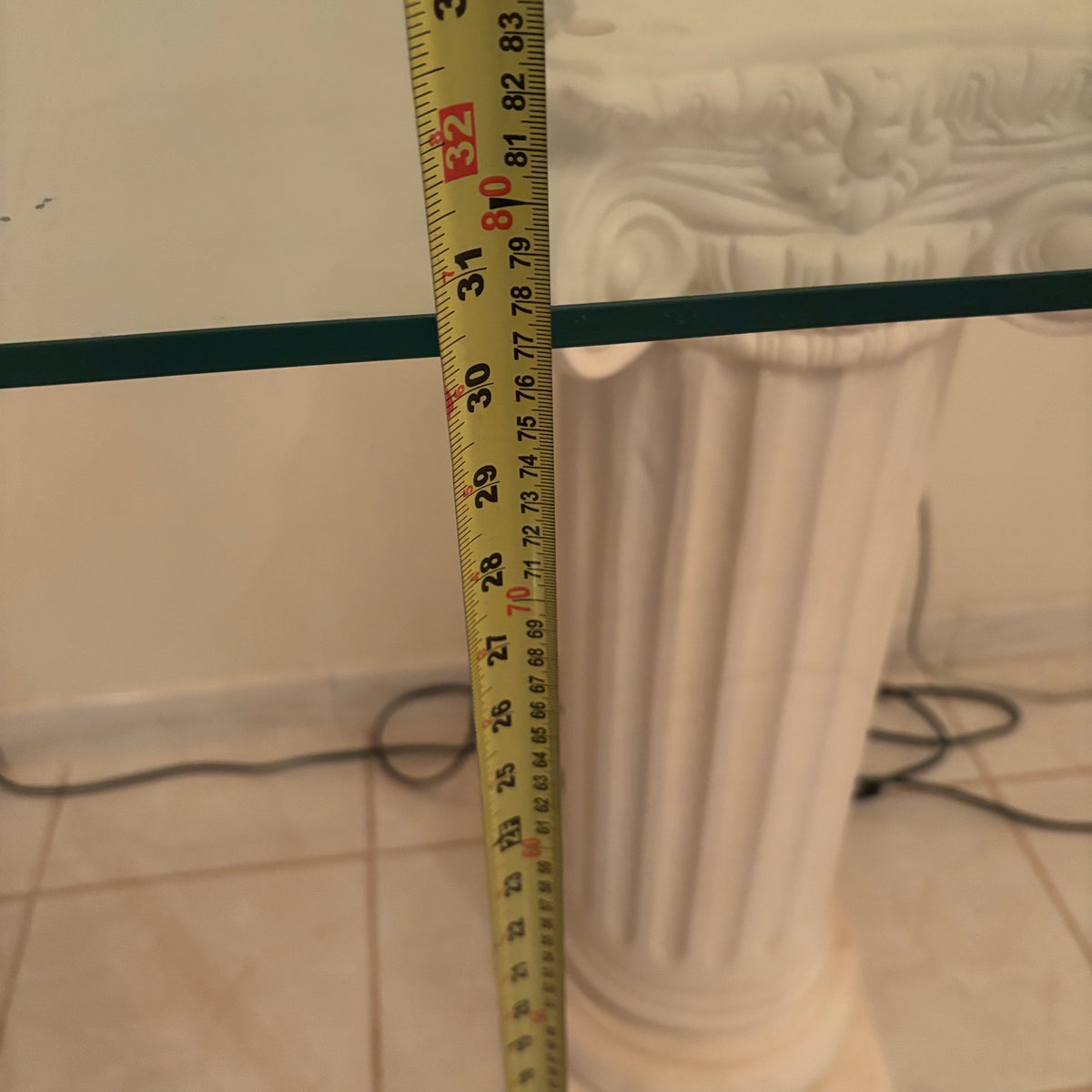 F203 Vintage glass top entry table with column style chalkware legs