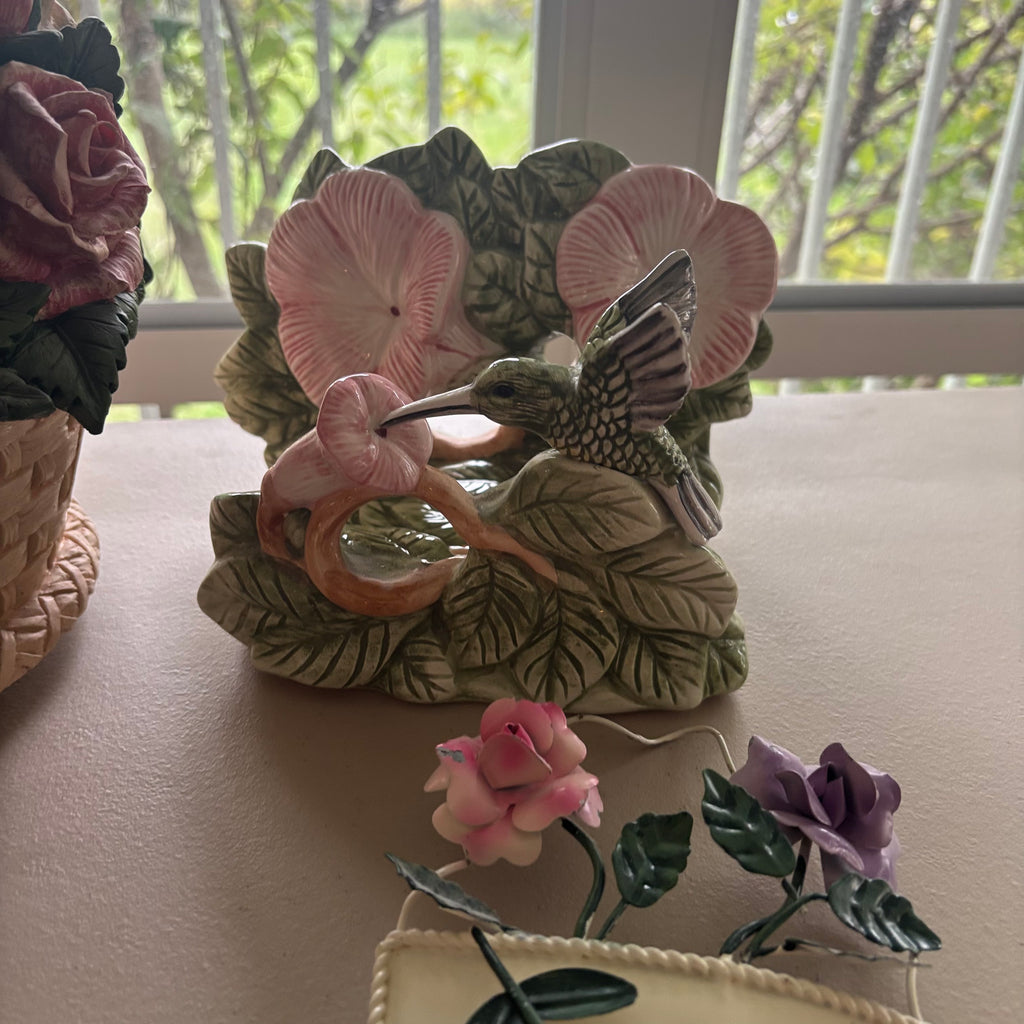 F205 Vintage porcelain grouping (hummingbird musical flower basket and more)