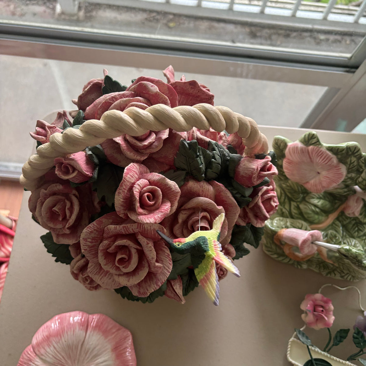 F205 Vintage porcelain grouping (hummingbird musical flower basket and more)