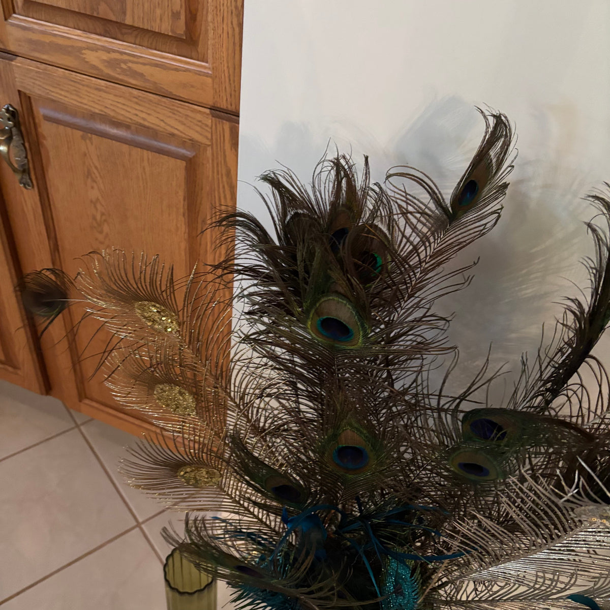 F270 Ceramic vase with peacock feathers