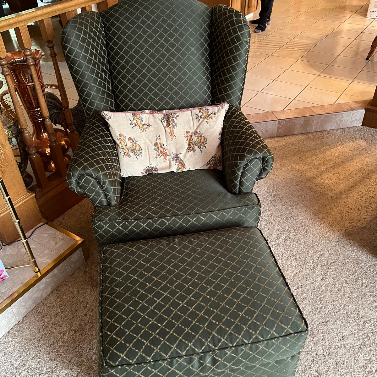 F635 Dark green wing back chair with foot stool