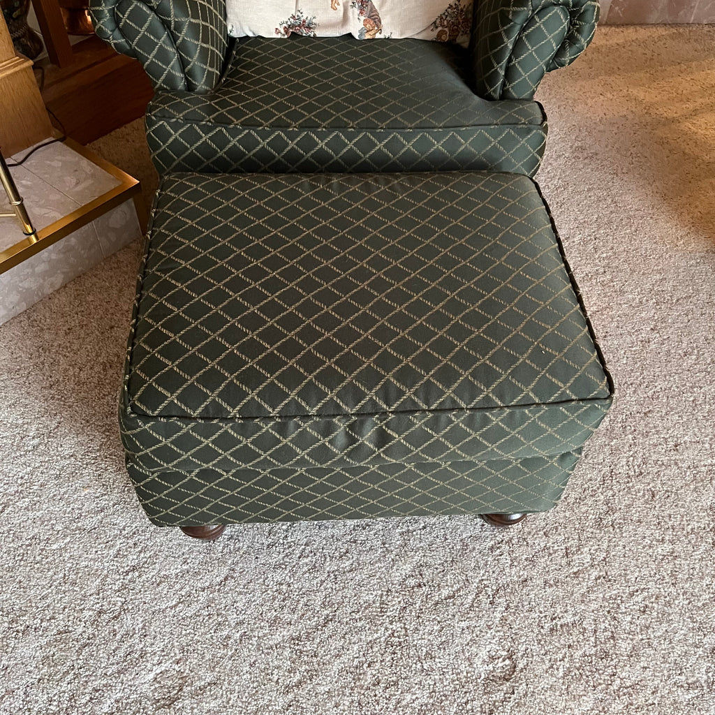 F635 Dark green wing back chair with foot stool
