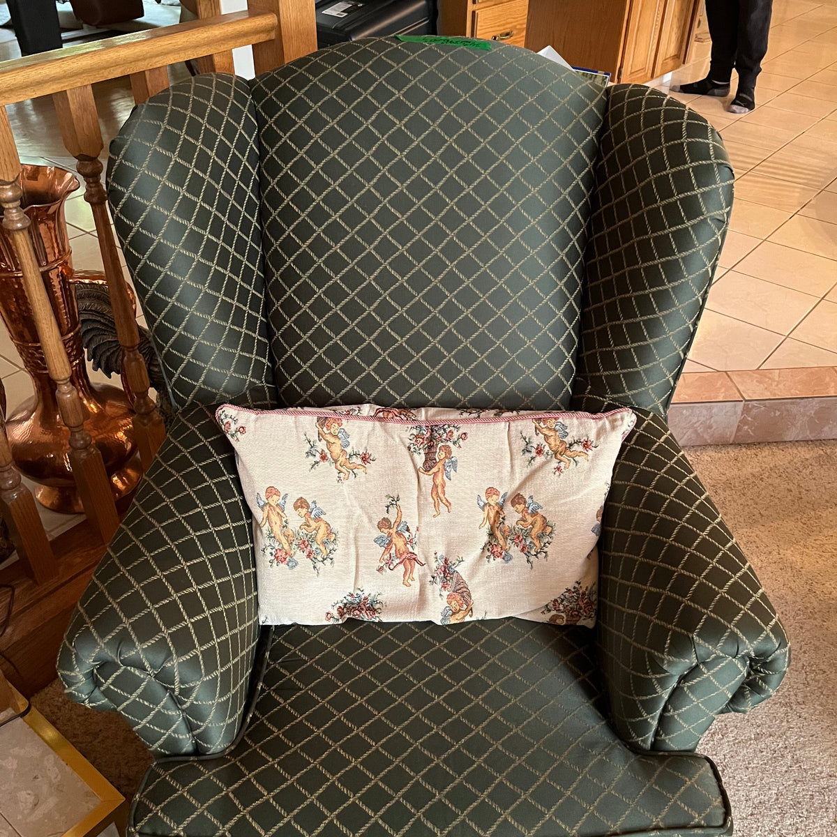 F635 Dark green wing back chair with foot stool