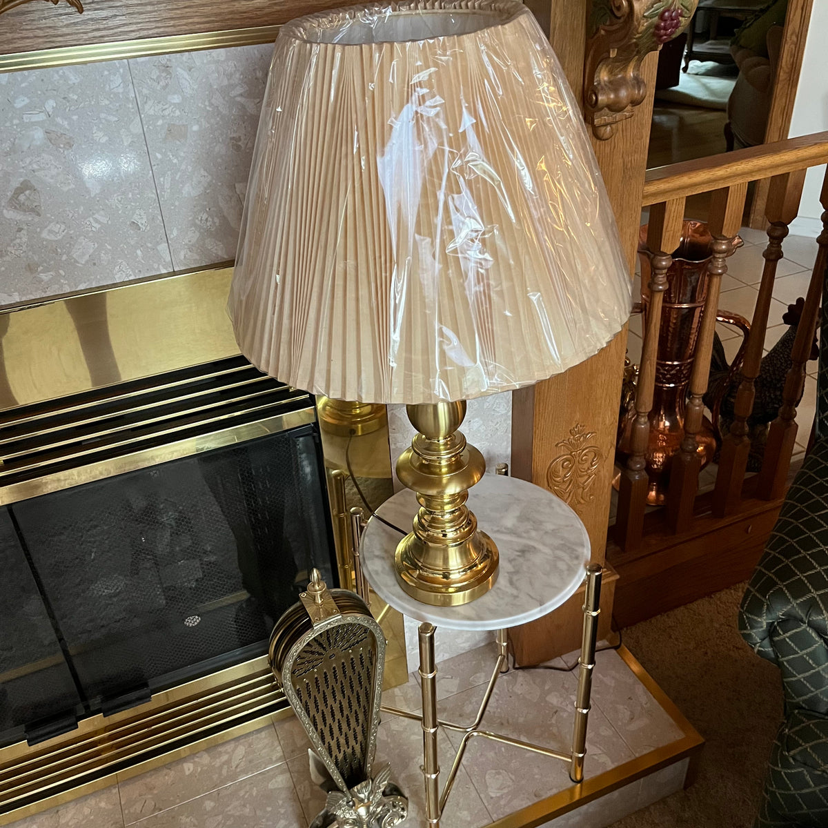 F636 Vintage Furniture Grouping (Vintage brass peacock fan fireplace screen and more)