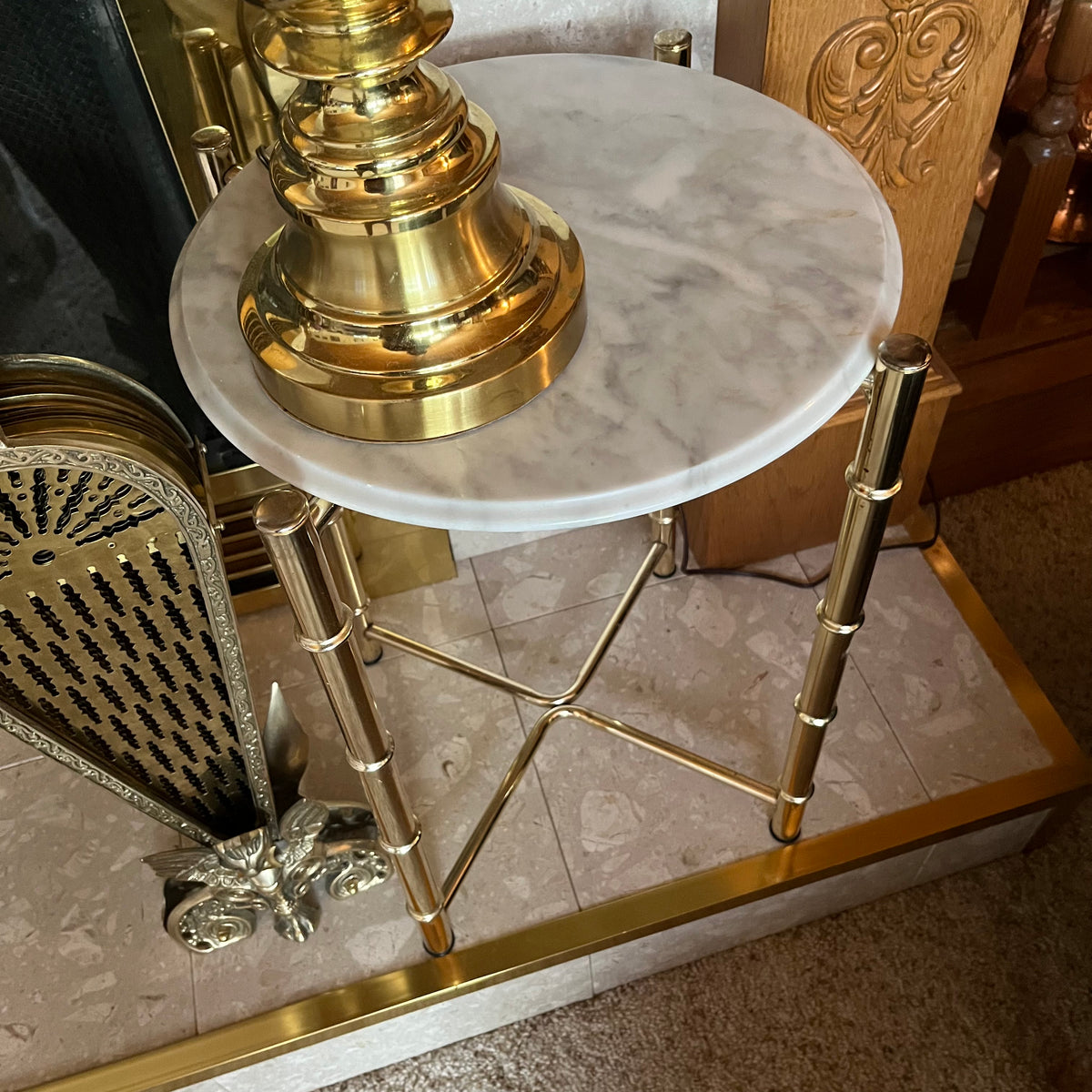 F636 Vintage Furniture Grouping (Vintage brass peacock fan fireplace screen and more)