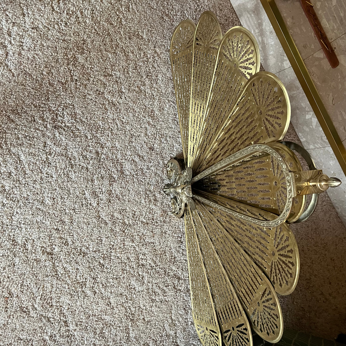 F636 Vintage Furniture Grouping (Vintage brass peacock fan fireplace screen and more)