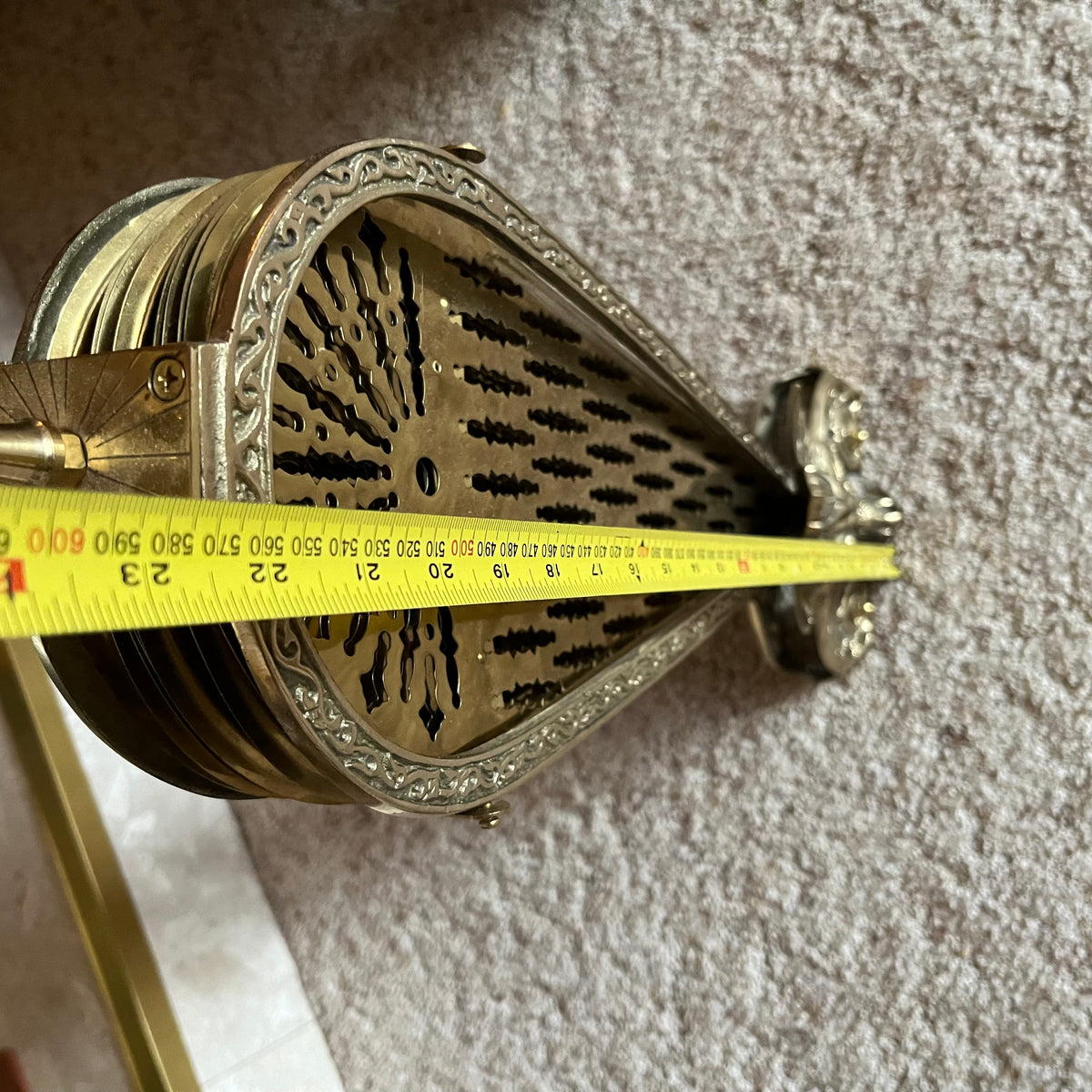 F636 Vintage Furniture Grouping (Vintage brass peacock fan fireplace screen and more)