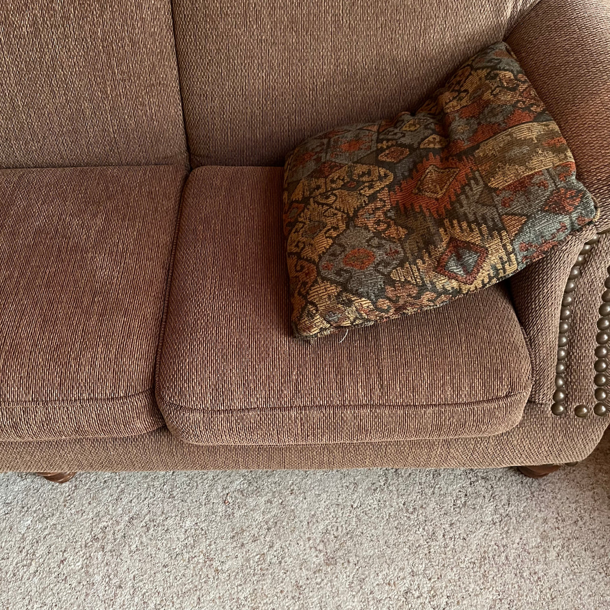 F637 Vintage Sears brown fabric sofa (87" x 38" x 36")