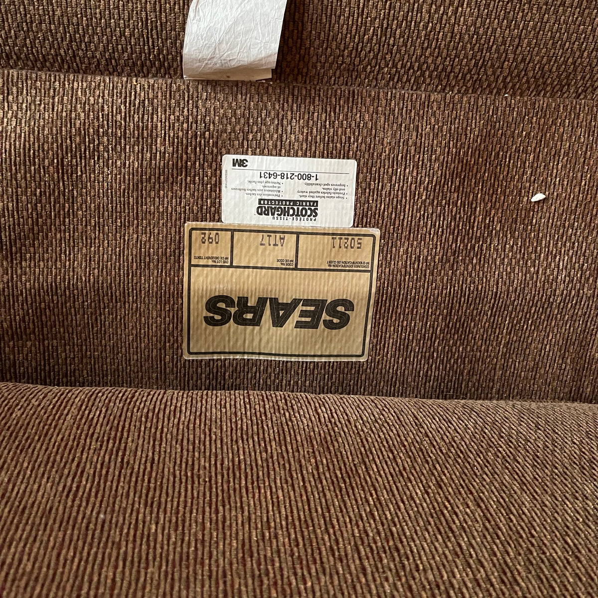 F637 Vintage Sears brown fabric sofa (87" x 38" x 36")