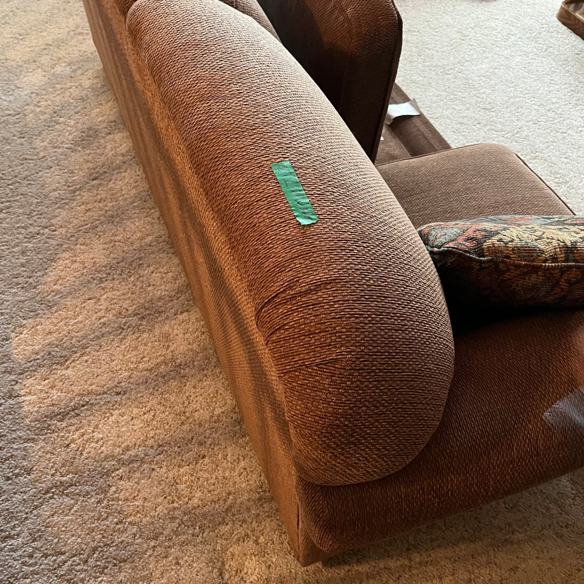 F637 Vintage Sears brown fabric sofa (87" x 38" x 36")