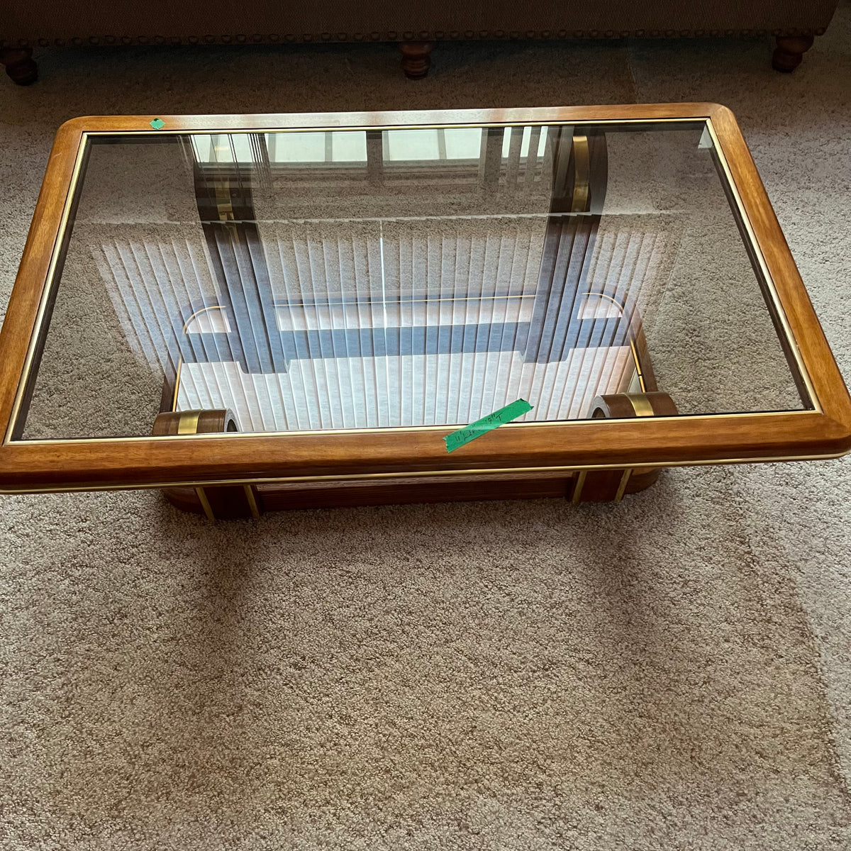 F638 Vintage glass and wood coffee table (48" x 30" x 15")
