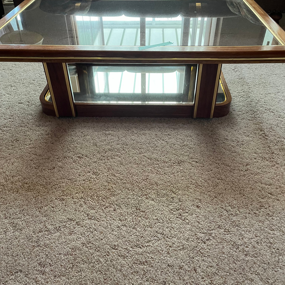 F638 Vintage glass and wood coffee table (48" x 30" x 15")
