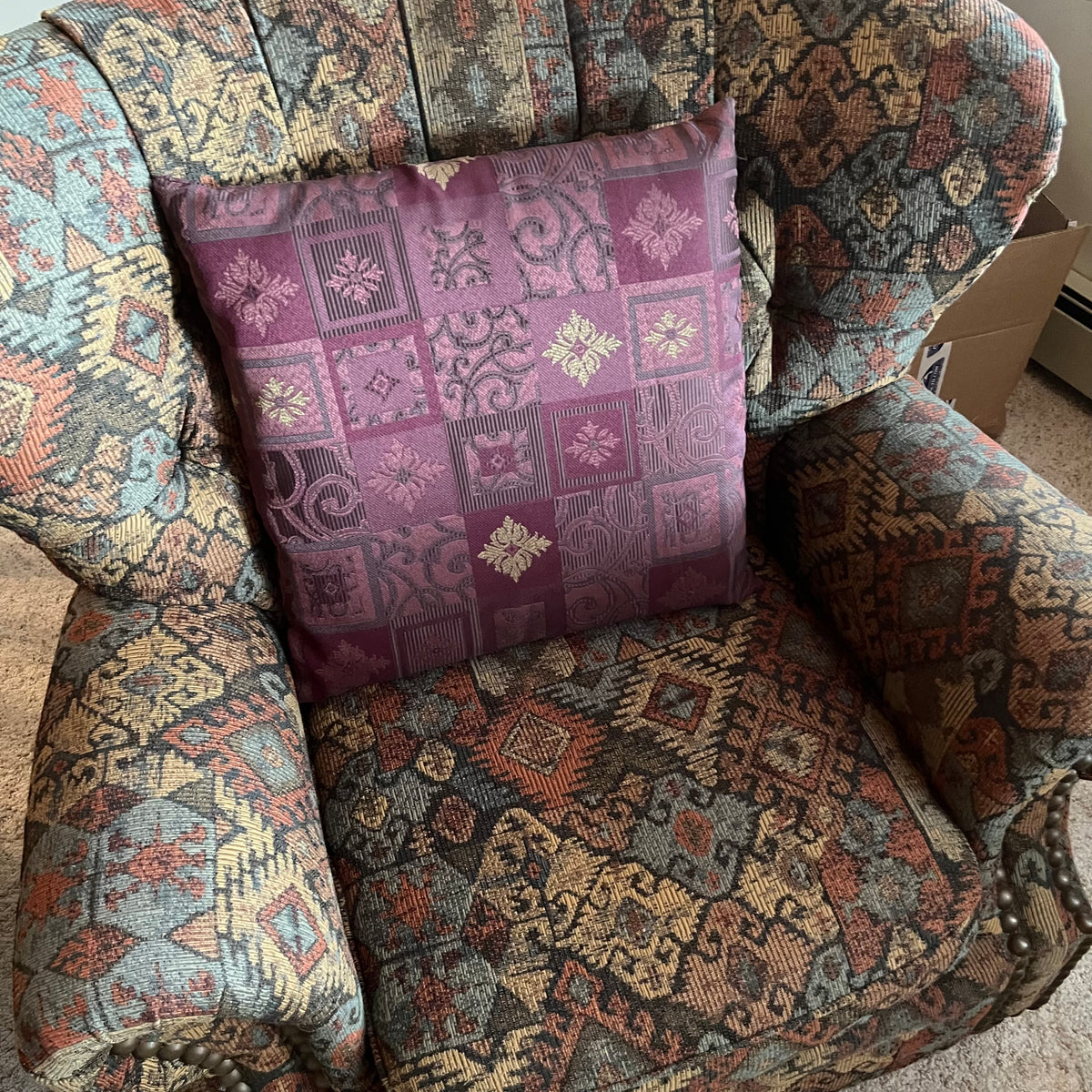 F640 Vintage armchair with geometric fabric(42" x 37" 38")