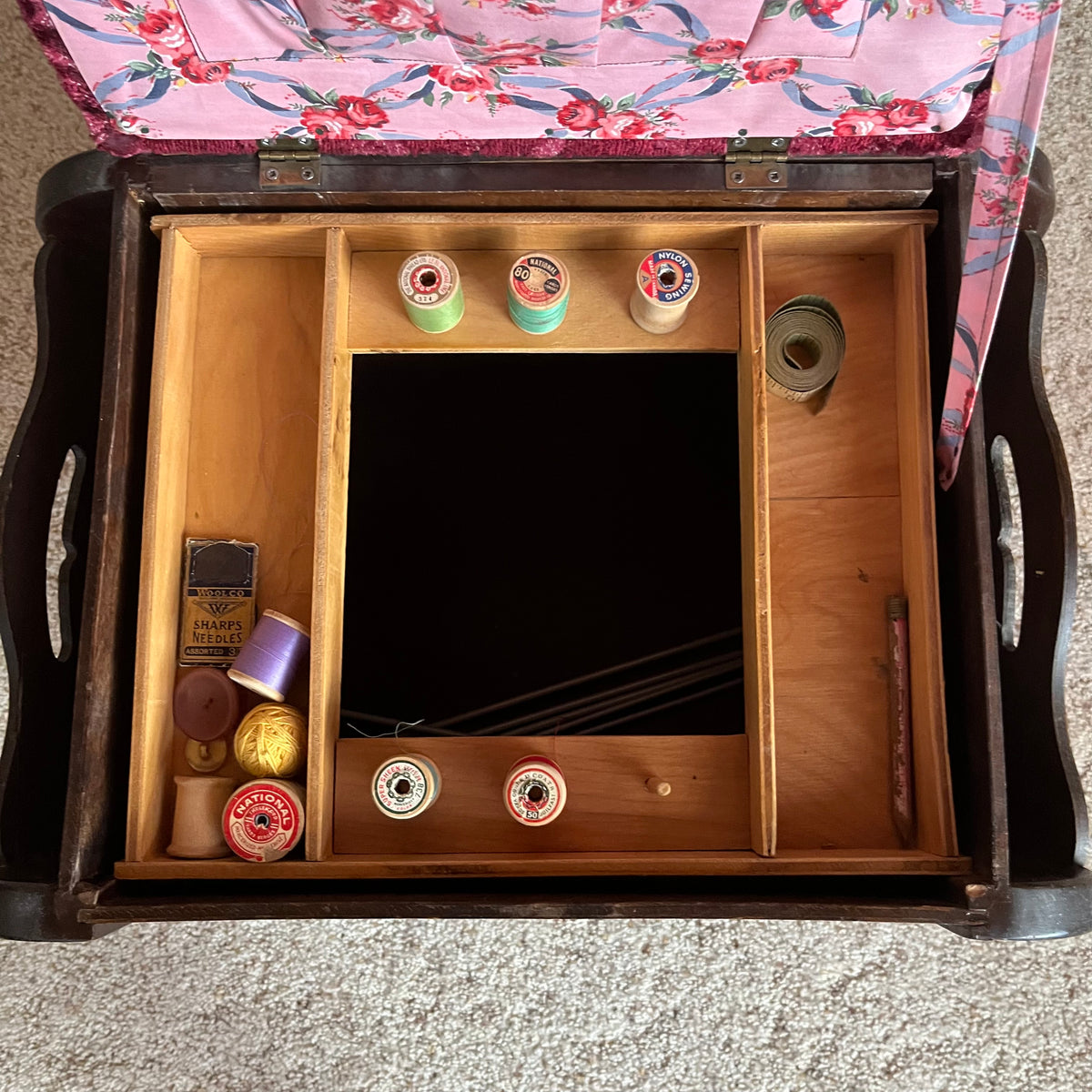 F646 Vintage wooden sewing bench with upholstered top