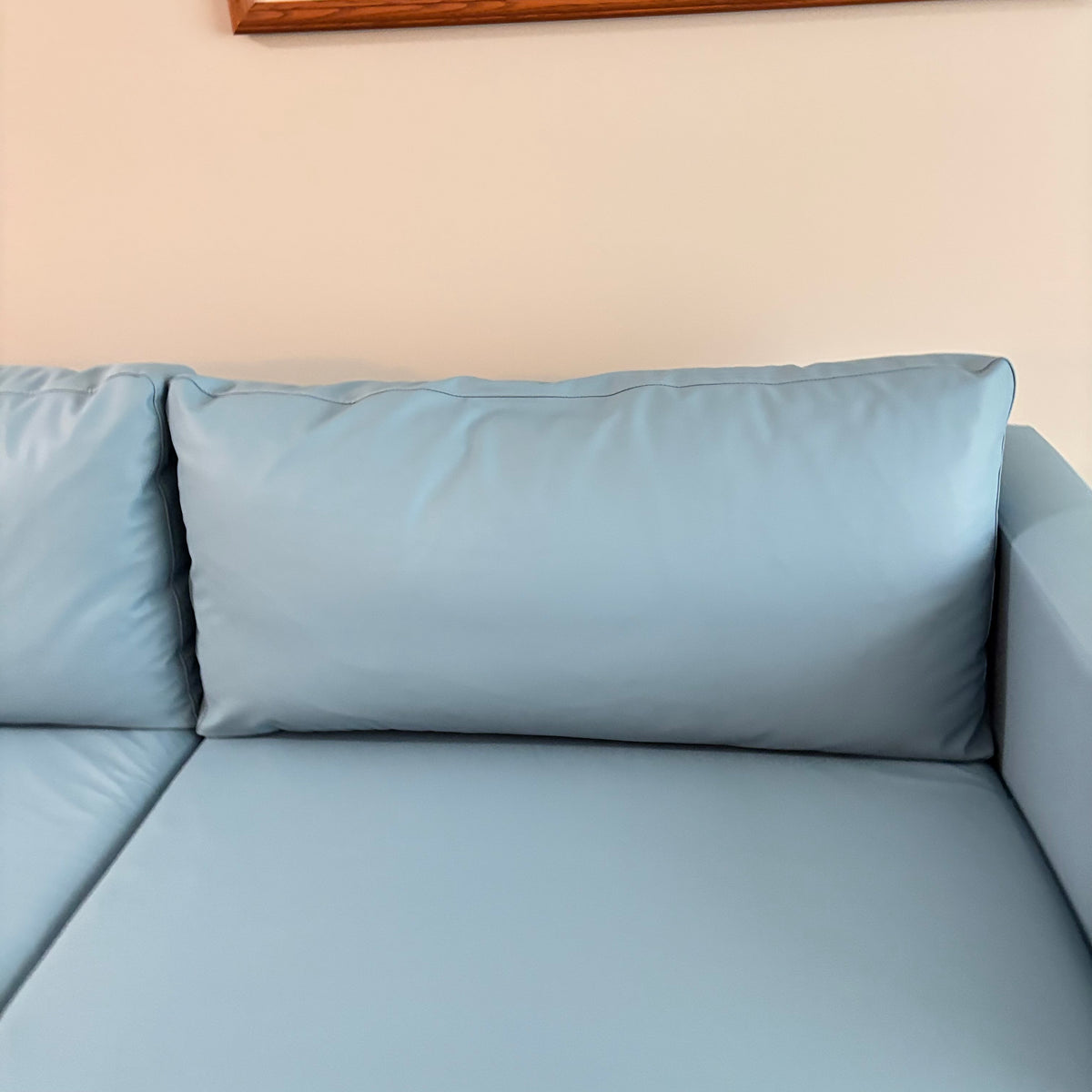 K305 IKEA Parup sofa in light blue faux leather fabric