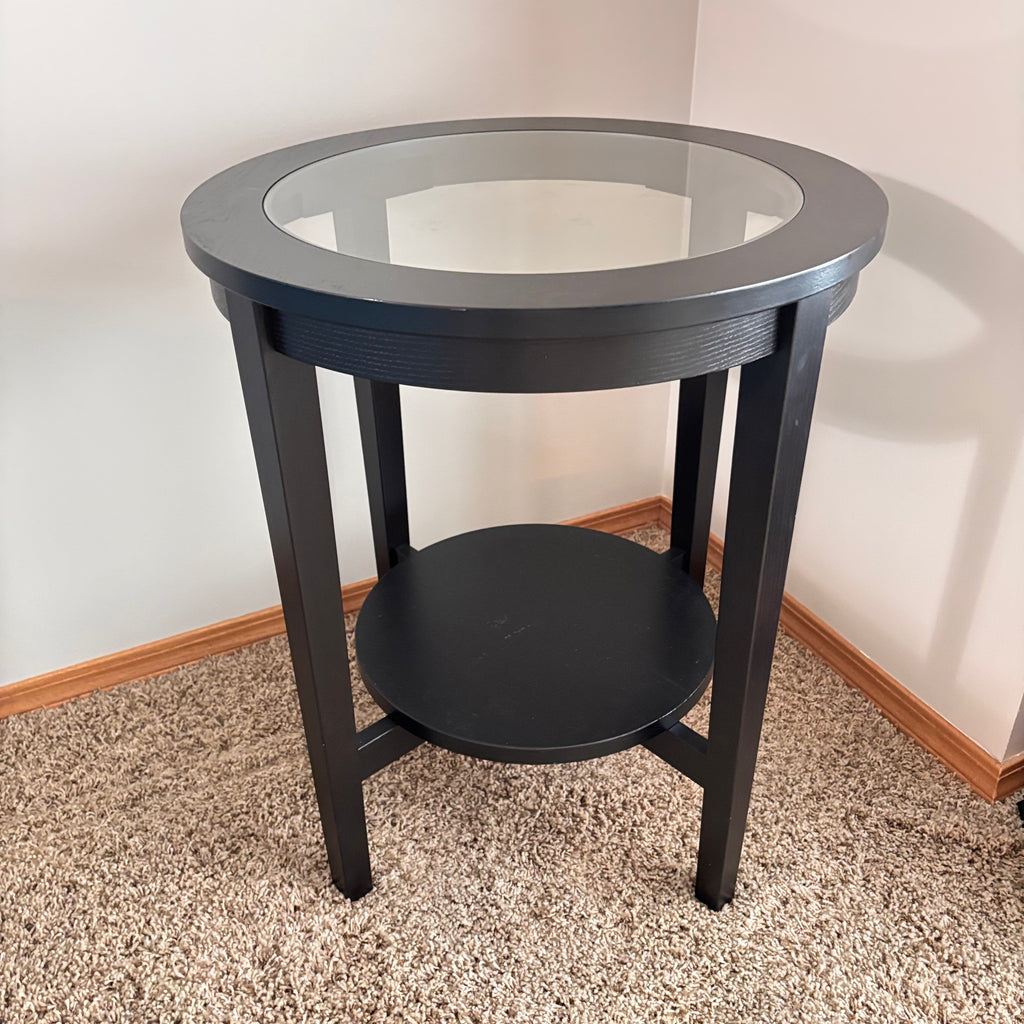 K306 Modern dark wood end table with glass top (21" across, 25" high)