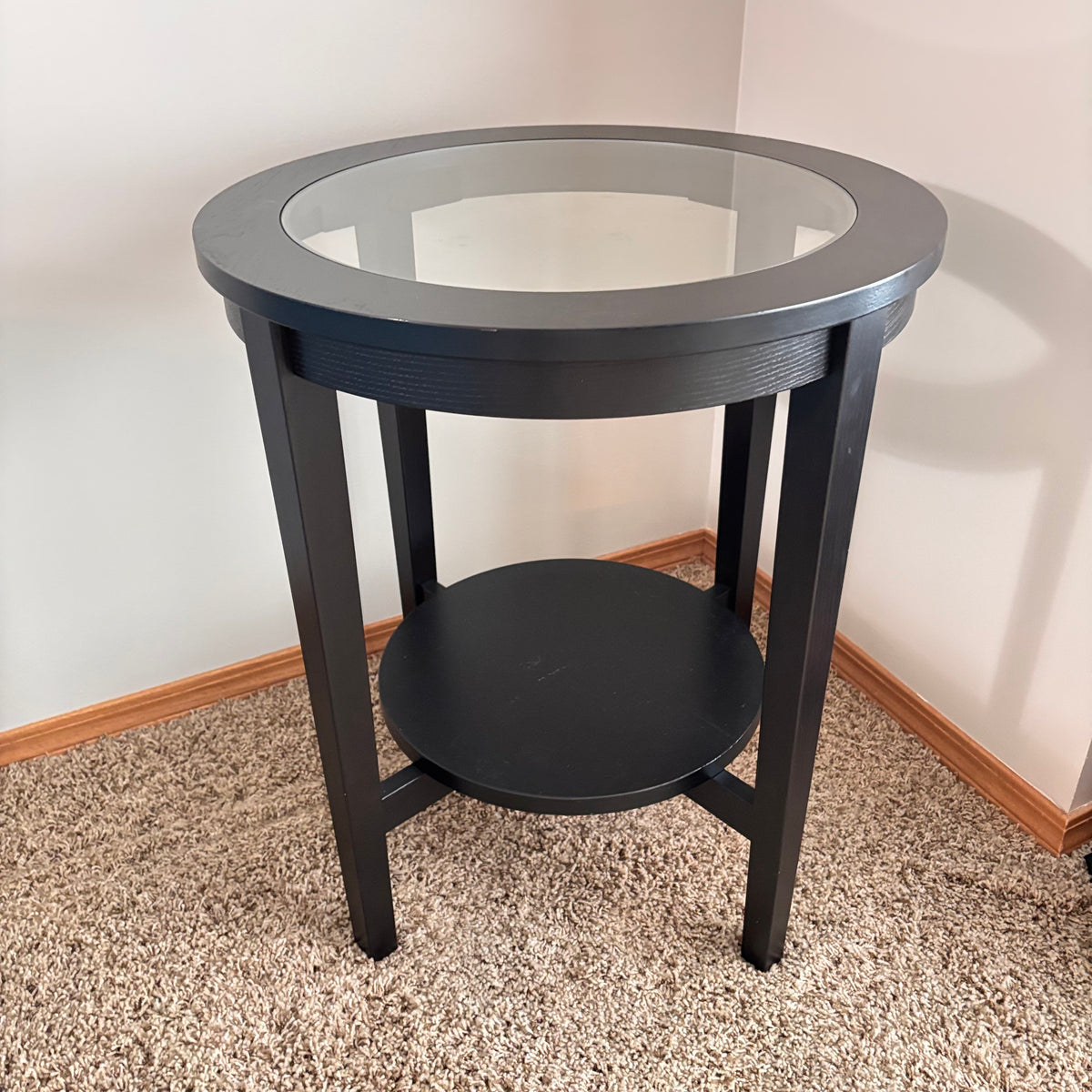 K306 Modern dark wood end table with glass top (21" across, 25" high)