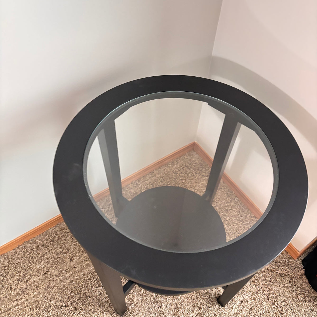 K306 Modern dark wood end table with glass top (21" across, 25" high)