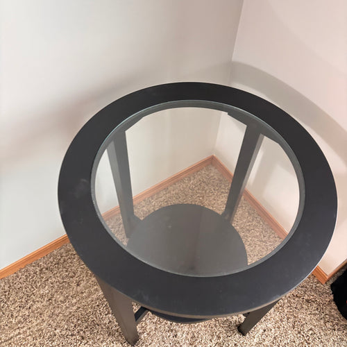 K306 Modern dark wood end table with glass top (21" across, 25" high)