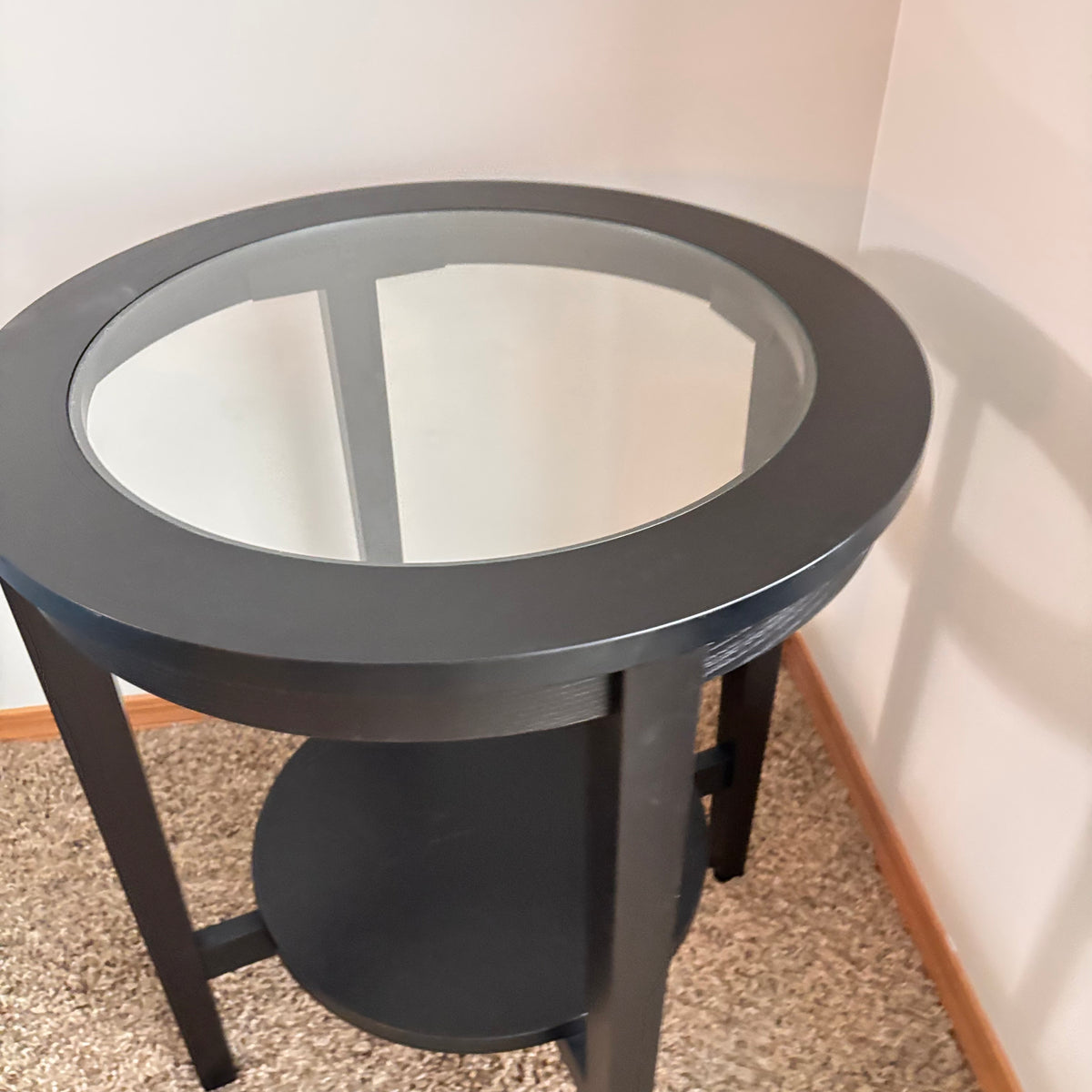 K306 Modern dark wood end table with glass top (21" across, 25" high)