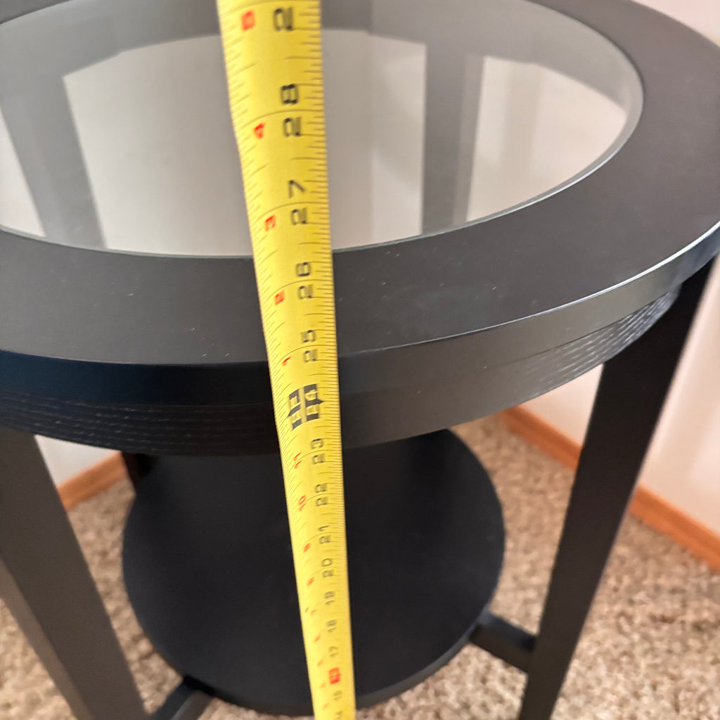 K306 Modern dark wood end table with glass top (21" across, 25" high)
