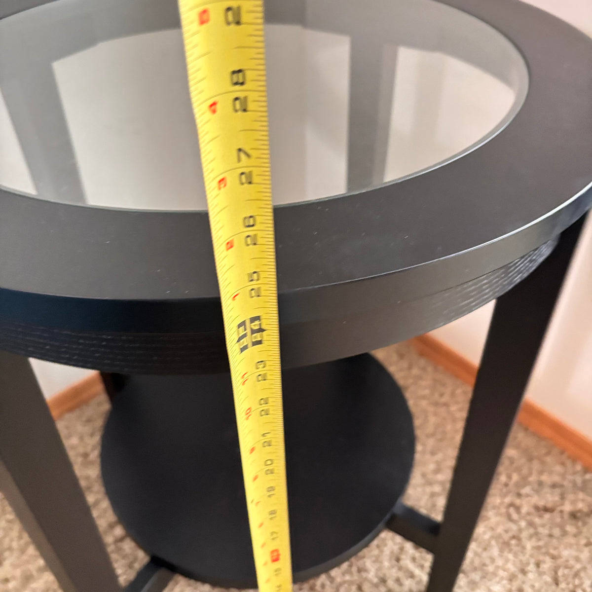 K306 Modern dark wood end table with glass top (21" across, 25" high)