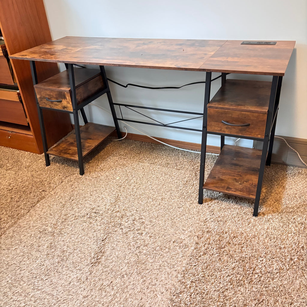 K322 Modern rustic metal and wood computer desk with two drawers and power bank (55" x 19" x 29")
