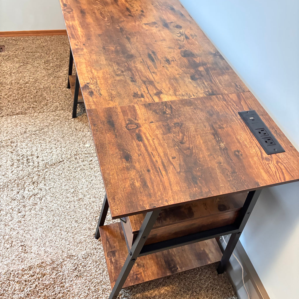 K322 Modern rustic metal and wood computer desk with two drawers and power bank (55" x 19" x 29")