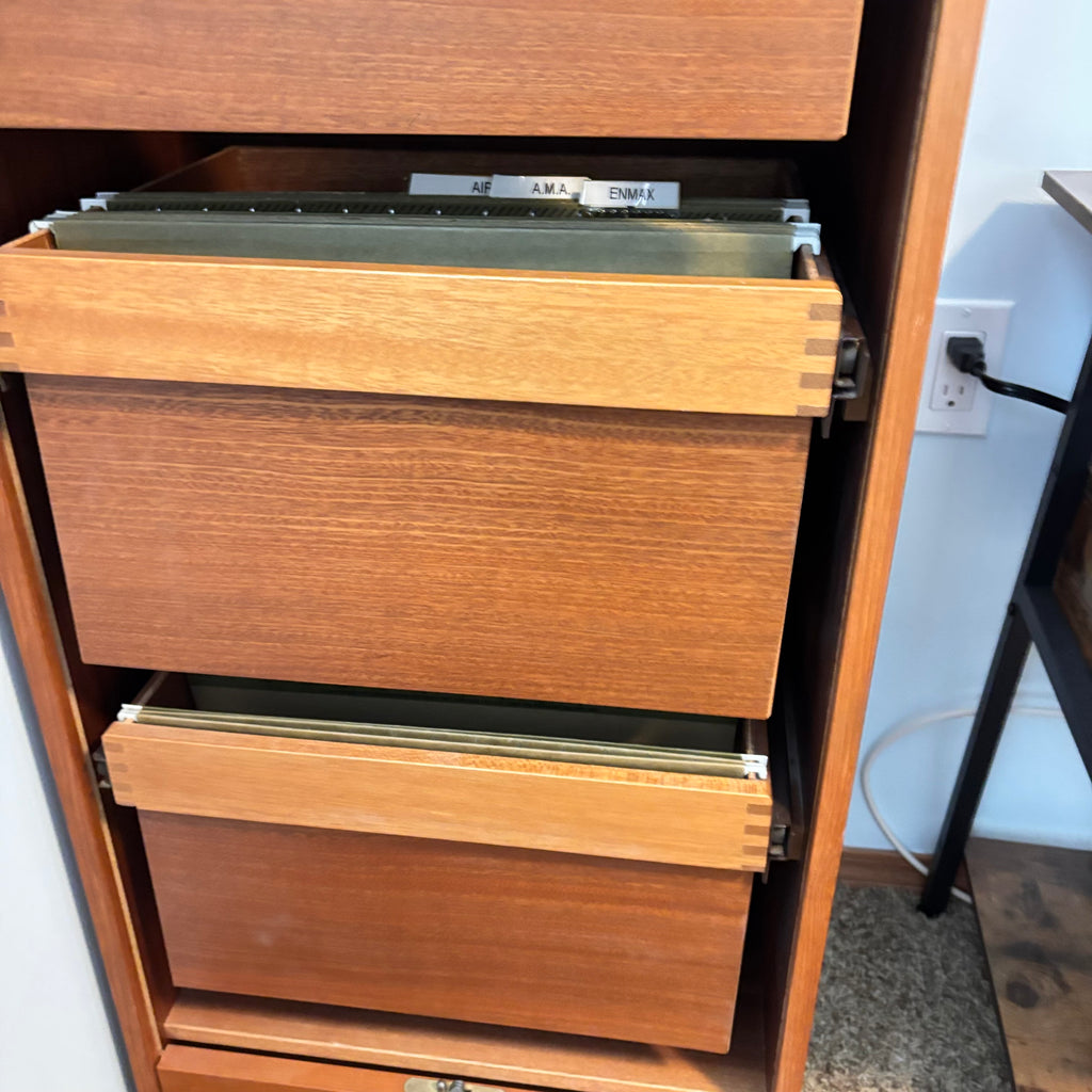 K322A 45" Tall Mid Century Modern teak tambour-door filing cabinet