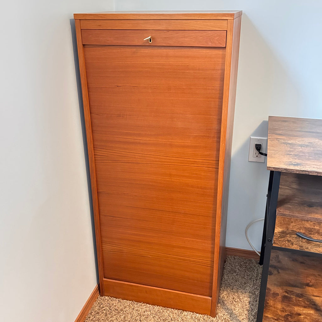 K322A 45" Tall Mid Century Modern teak tambour-door filing cabinet