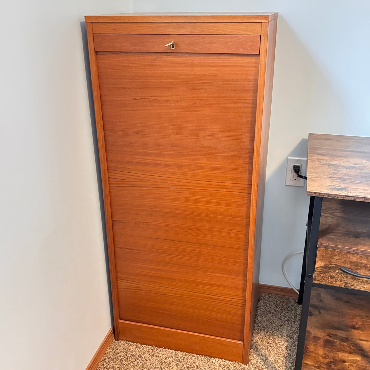 K322A 45" Tall Mid Century Modern teak tambour-door filing cabinet