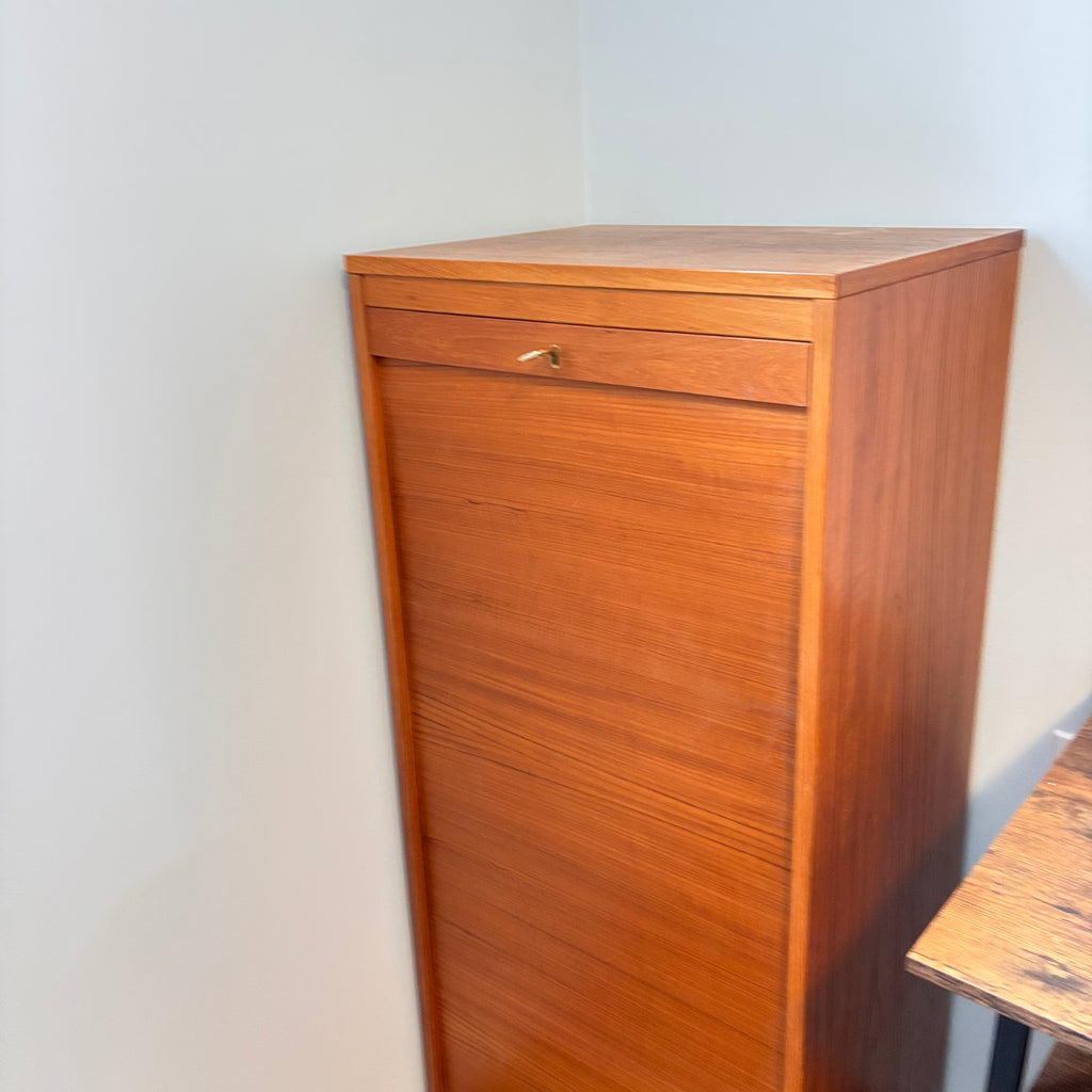 K322A 45" Tall Mid Century Modern teak tambour-door filing cabinet