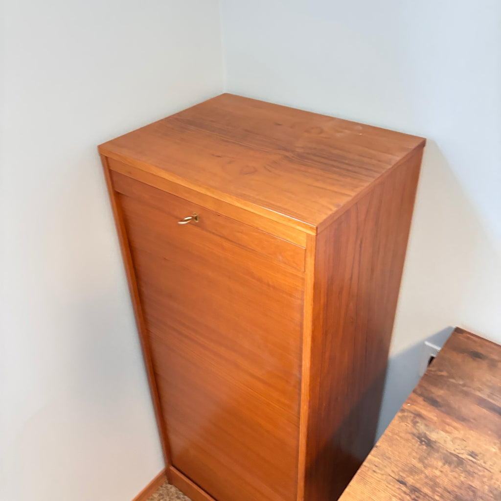 K322A 45" Tall Mid Century Modern teak tambour-door filing cabinet