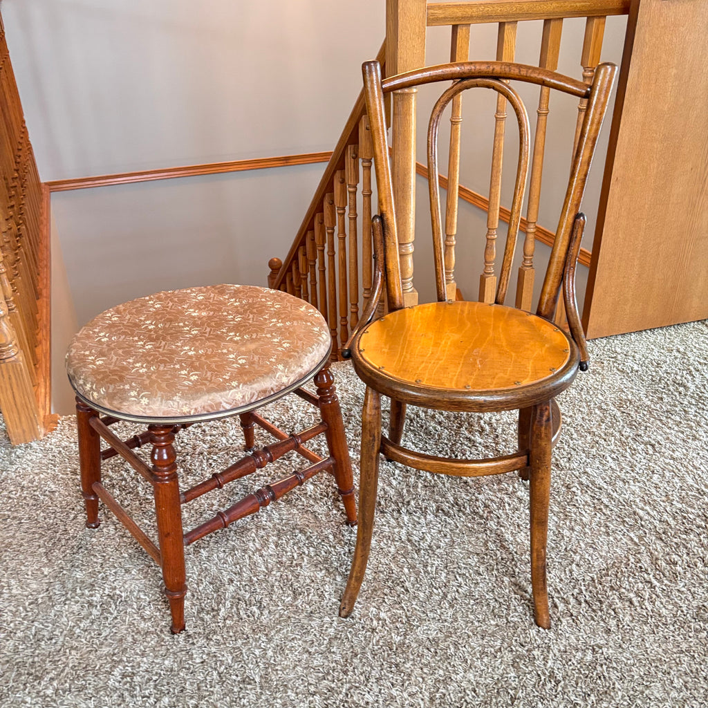 K332 Vintage Grouping (wooden chair and fabric covered stool)