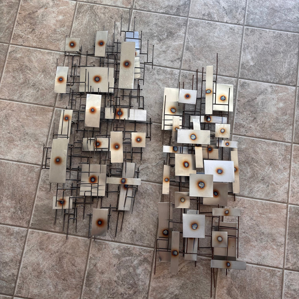 K376 Set of 2 mid century abstract 3D metal wall art pieces