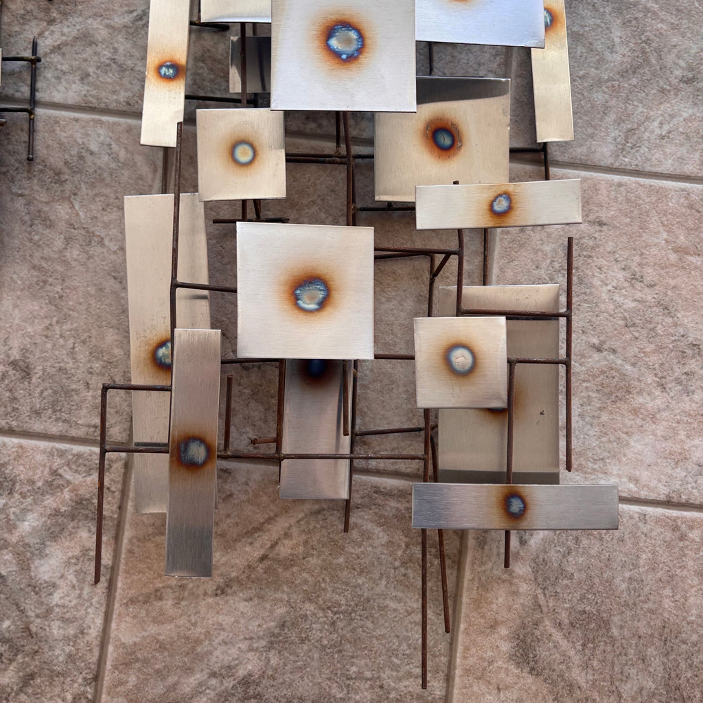 K376 Set of 2 mid century abstract 3D metal wall art pieces