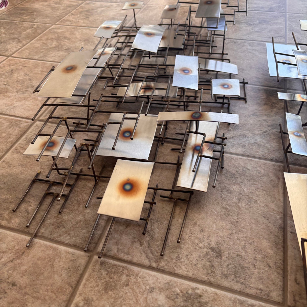 K376 Set of 2 mid century abstract 3D metal wall art pieces