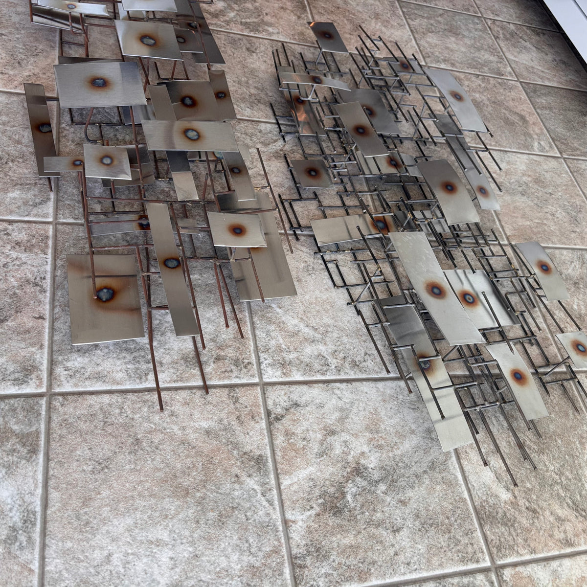K376 Set of 2 mid century abstract 3D metal wall art pieces