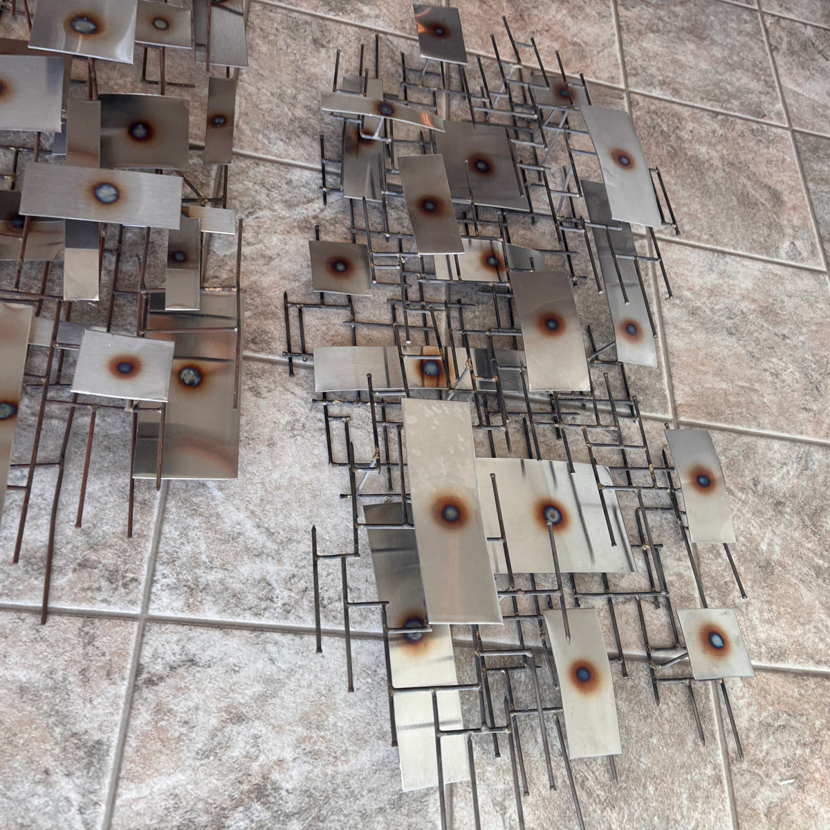 K376 Set of 2 mid century abstract 3D metal wall art pieces
