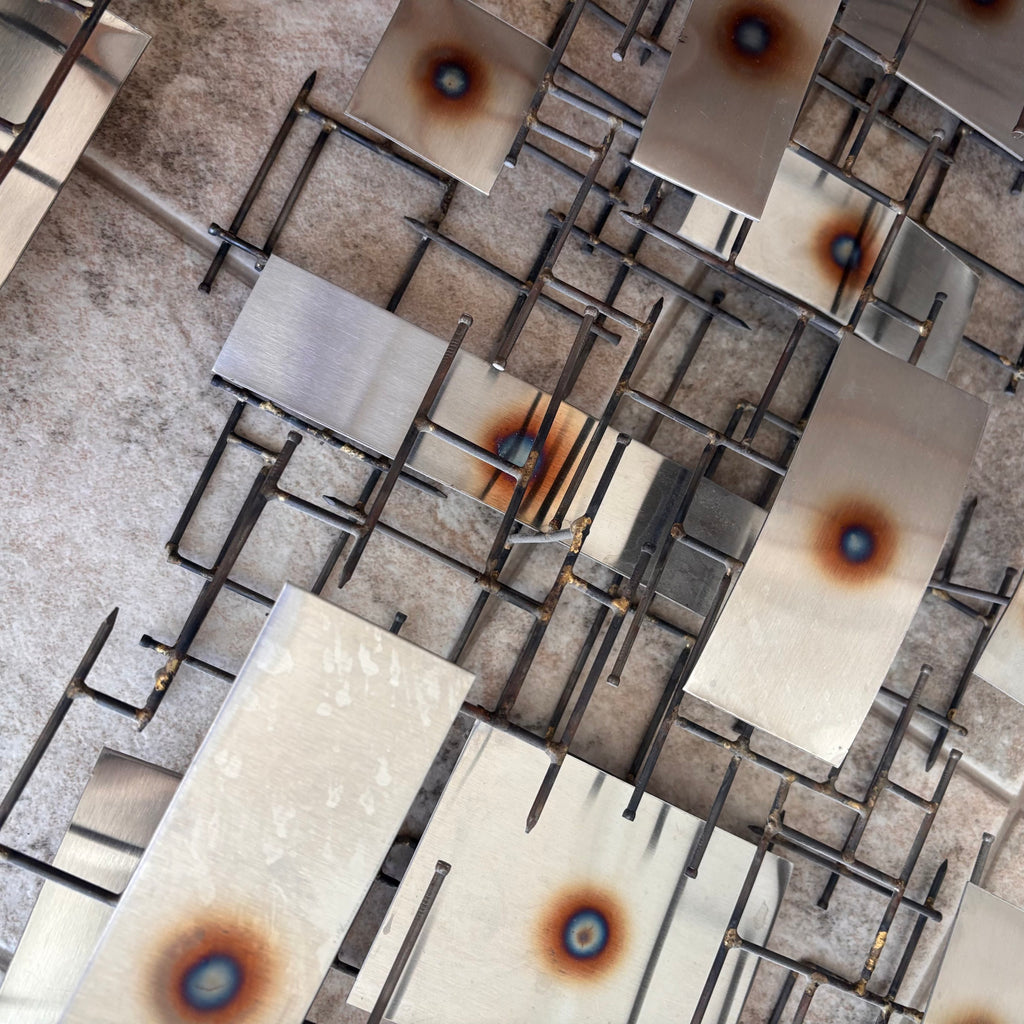 K376 Set of 2 mid century abstract 3D metal wall art pieces