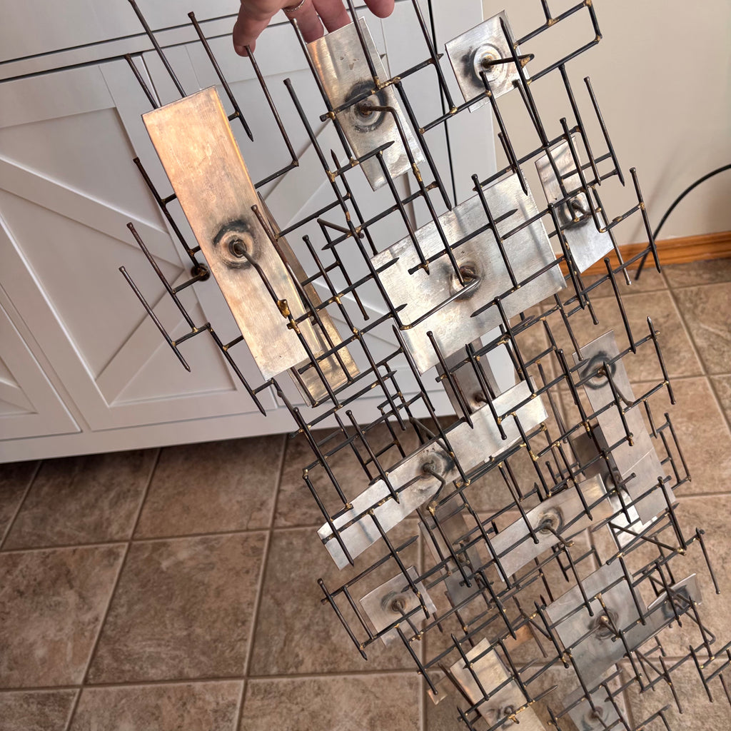 K376 Set of 2 mid century abstract 3D metal wall art pieces