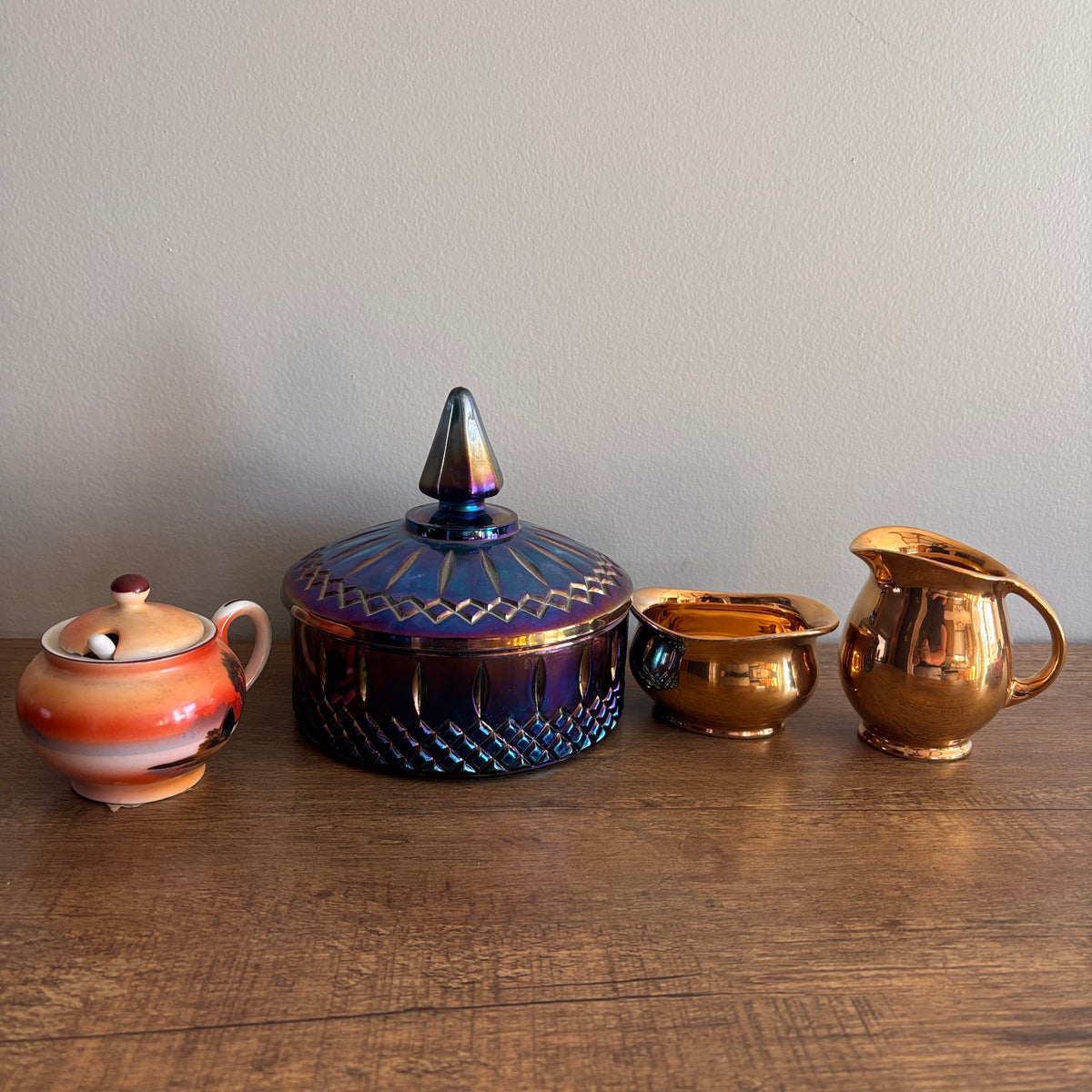 K377 Vintage Decor Grouping (carnival glass candy dish and more)