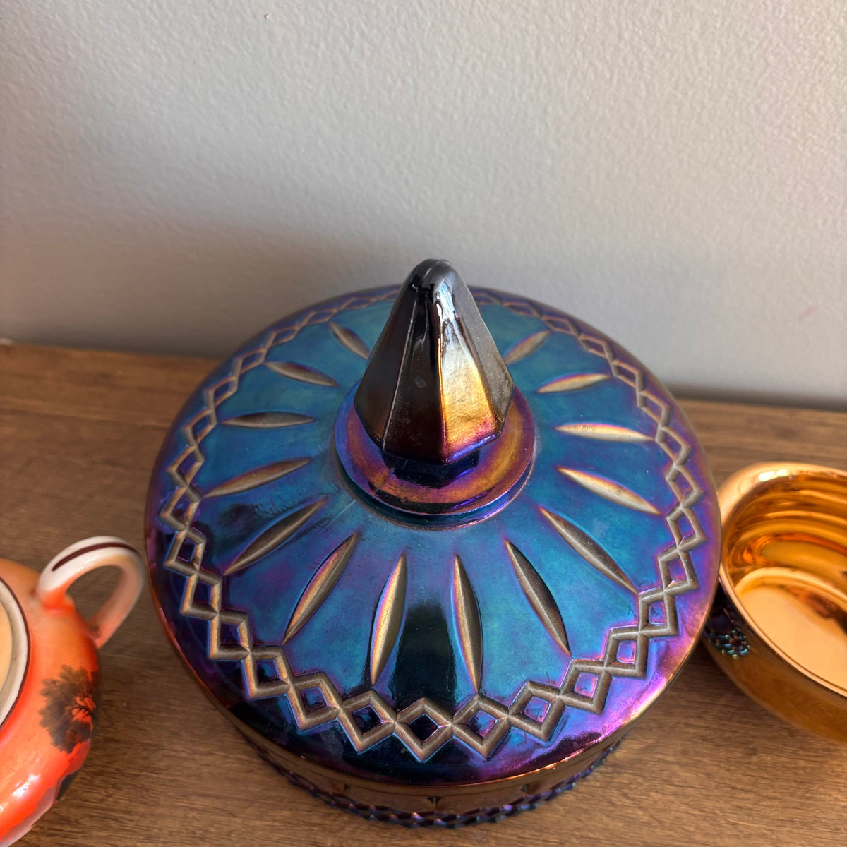 K377 Vintage Decor Grouping (carnival glass candy dish and more)